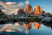 Tre Cime di Lavaredo with reflection in lake at sundown