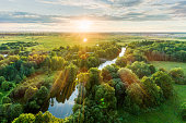 Bird's Eye View. Summer Scenic Landscape At Sunset