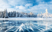 Blue ice and cracks on the surface of the ice. Frozen lake under a blue sky in the winter. The hills of pines. Winter. Carpathian, Ukraine, Europe.