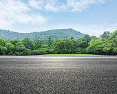 country road and mountains with forest in summer