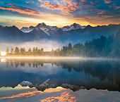 Beautiful scenery landscape of the Matheson Lake Fox Glacier town Southern Alps Mountain Valleys New Zealand