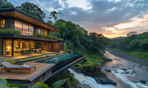 Luxury Villa in Bali Above a Flowing River and Waterfall Free Image