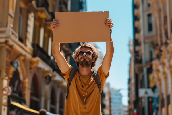 Man Holding an Empty Cardboard Sign Above His Head Free Image