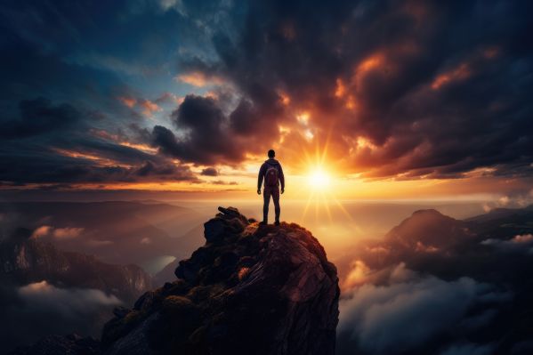 Man Looking into the Distance on Top of the Mountain Free Stock Photo