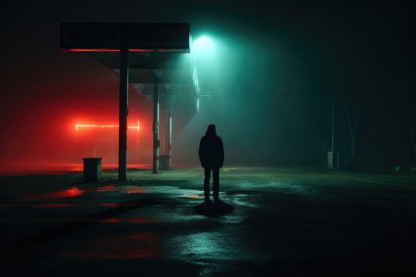 Man Standing in Dark Unknown Place at Night Red and Green Lights Free Image