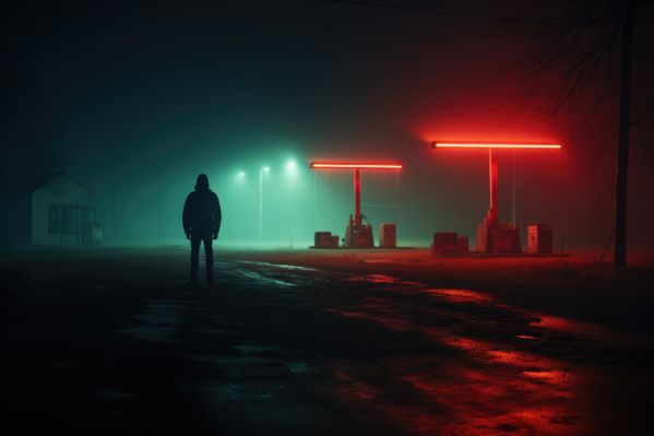 Man Standing in the Middle of Nowhere Neon Gas Station at Night Free Image