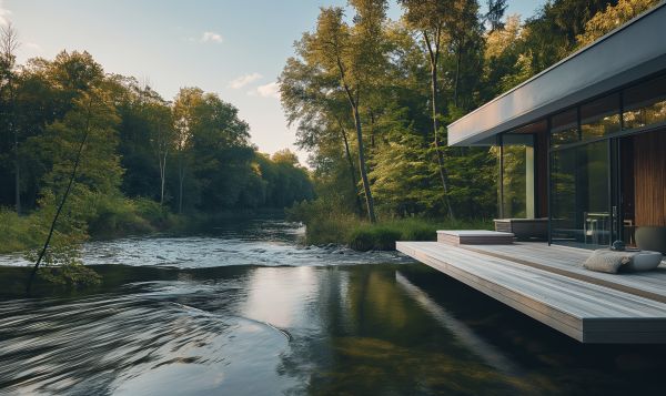 Minimalist House With a Terrace Over a Small River in the Middle of a Forest Free Image