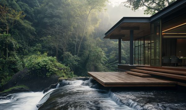 Minimalist Villa Situated Directly on the River in the Middle of a Forest Free Image