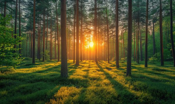 Morning Sun Shining Through Trees in a Beautiful Forest Free Image