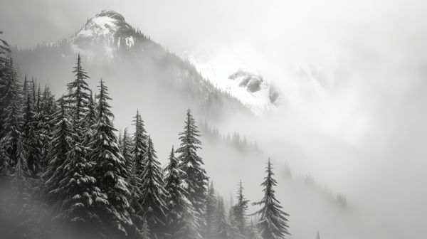 Nature Black and White Photo of Winter Mountain Peaks in Fog Free Image