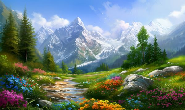 Painted Natural Scenery With High Mountains Free Image