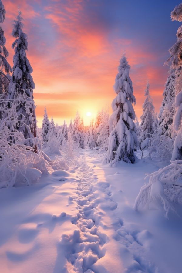 Path in Heavy Snow in Winter Forest During Sunset Free Image