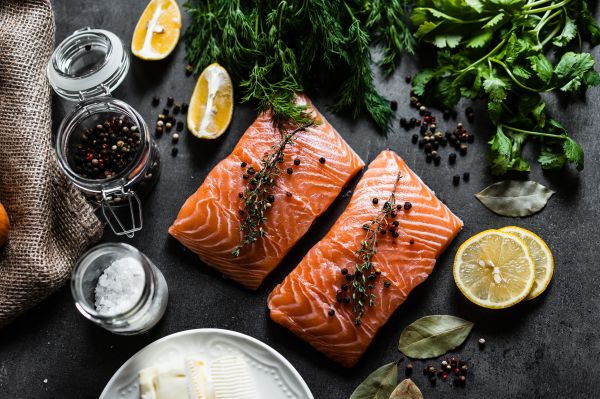 Raw Salmon Fillets and Ingredients for Cooking Free Photo