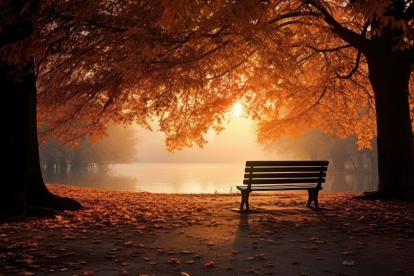 Romantic Place Lonely Bench Under Autumn Trees Free Image