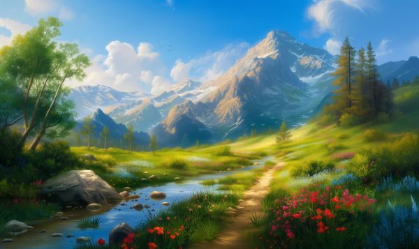 Small Stream and Path in Summer Under the Mountains Free Image