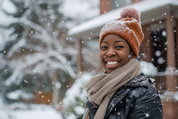 Smiling Black Woman in Winter Hat During Snowfall in front of Her Home Free Image