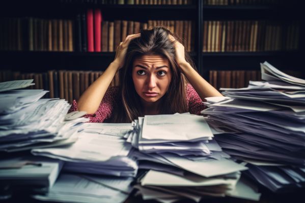 Stressed Unhappy Woman Overwhelmed by Office Documents Free Stock Photo