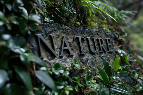 Text NATURE Metal Letters on a Rock in Green Forest Free Image