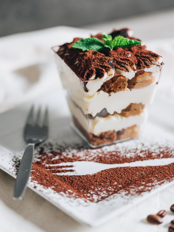 Tiramisu Served with Fork Outline Dusted with Cocoa Powder Free Photo