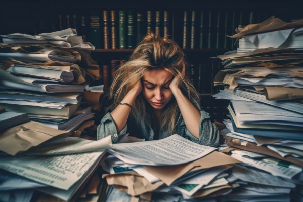 Unhappy Tired Working Woman Overwhelmed by Office Documents Free Image