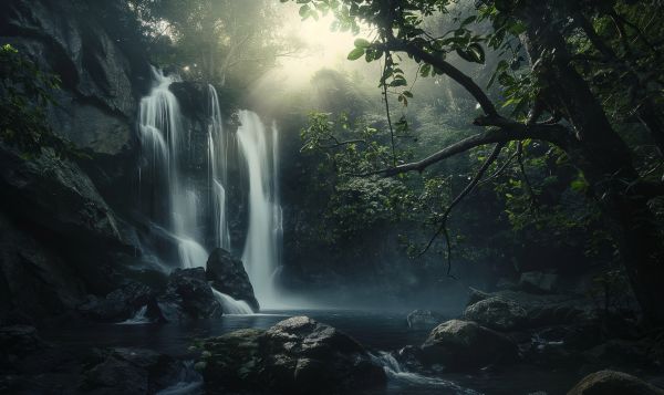 Waterfall in a Dark Forest Free Image