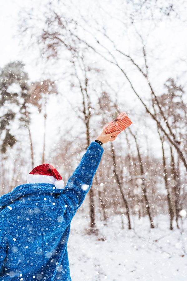 Woman Holding a Gift in a Snowy Landscape Free Stock Photo