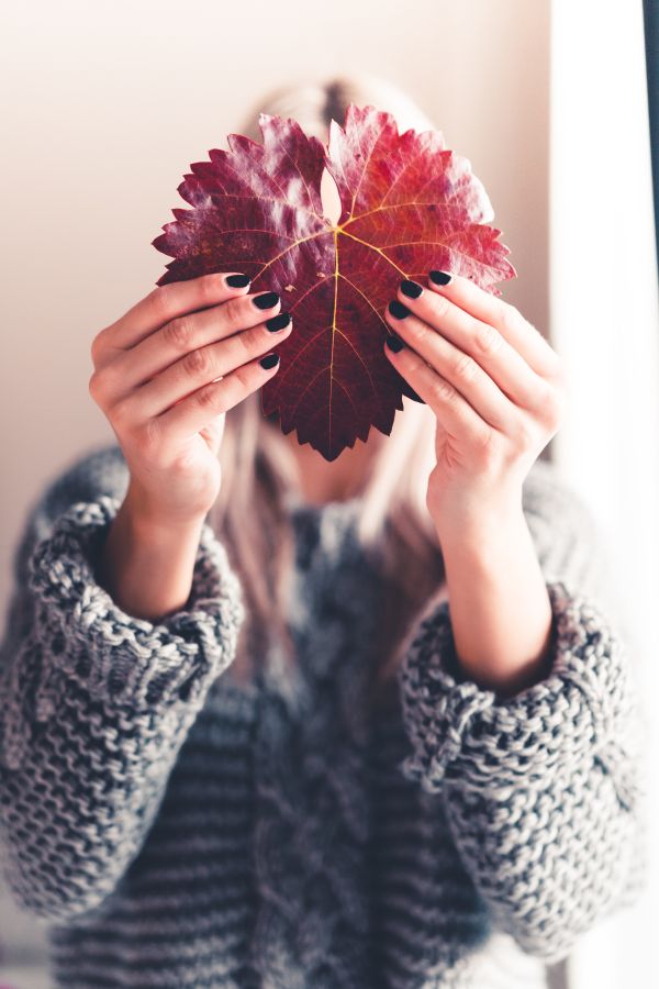 Woman Holding an Autumn Leaf Free Photo