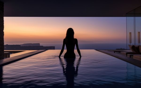 Woman Standing in Ultra Luxury Villa Infinity Pool with a View of After Sunset Sky Free Image