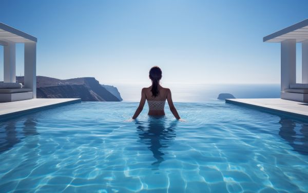 Woman Swimming in a Luxury Santorini Hotel Infinity Pool Free Image