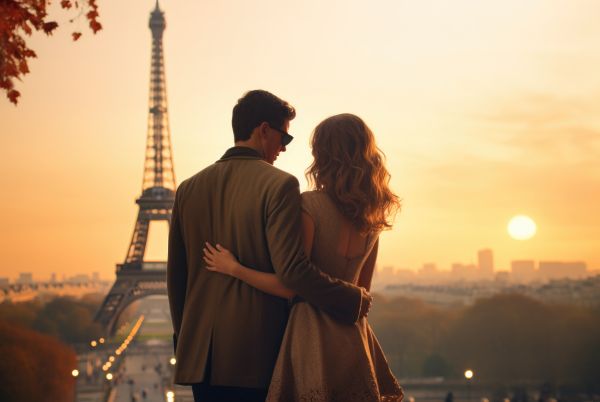 Young Couple in Paris Looking at Eiffel Tower Free Image